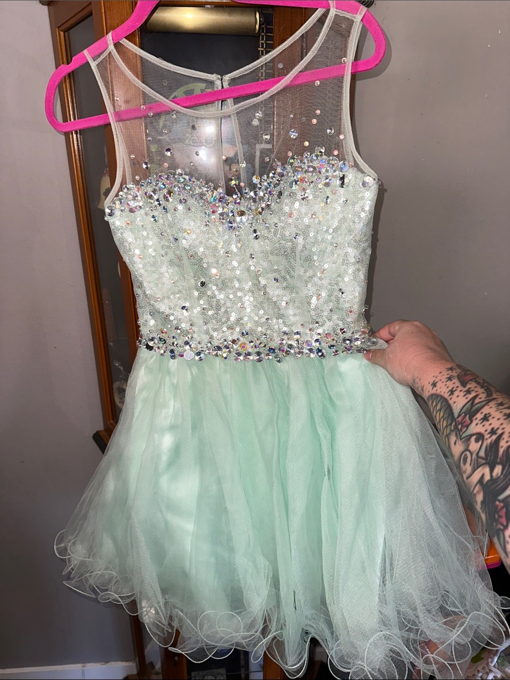 Embellished Mint Tulle Formal Dress with Sheer Bodice
